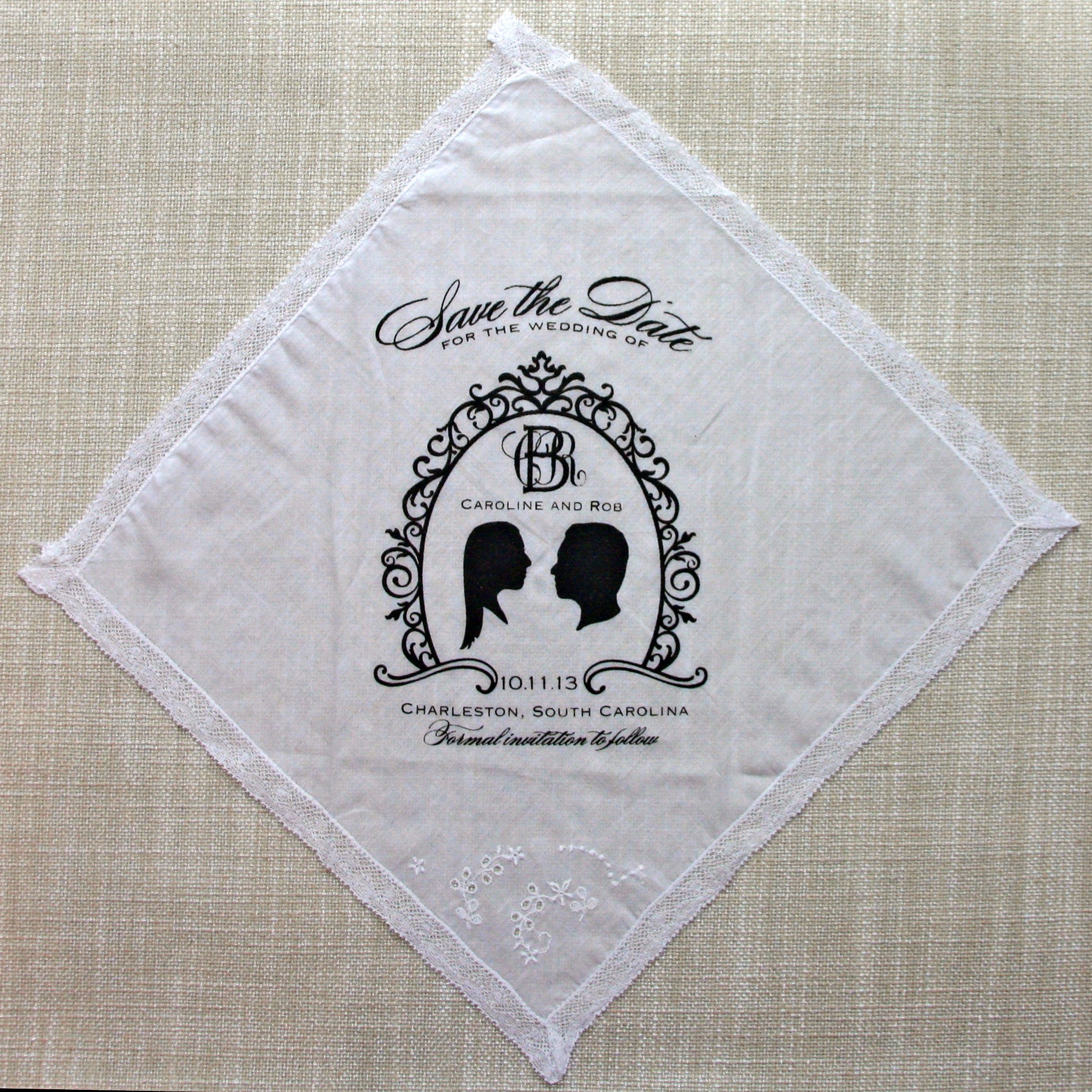 Vintage screen printed handkerchief save the date