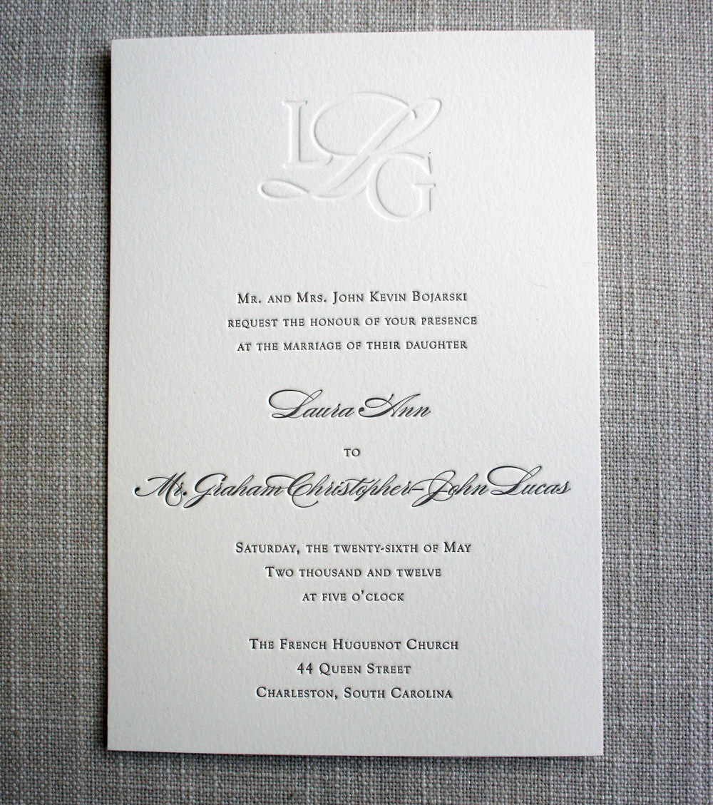 Classic Monogram Letterpress Wedding Invitation with blind impression monogram