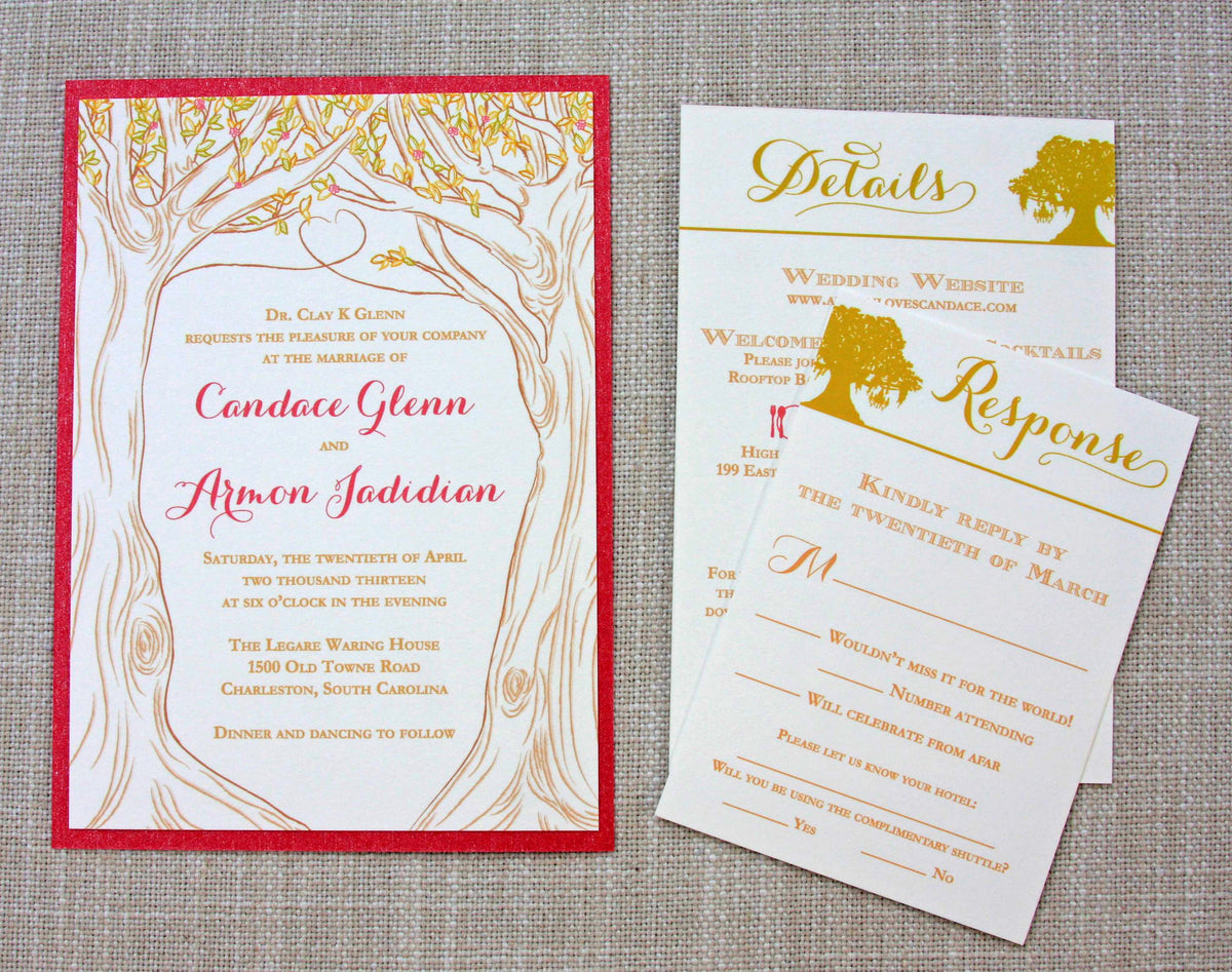 Oak Tree Sketch Invitation with coordinating RSVP and details card.
