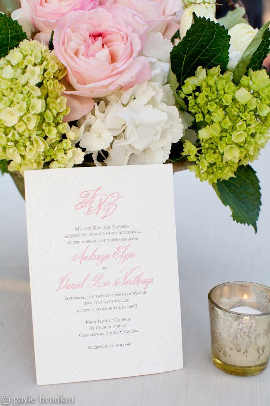 Scroll Letterpress Wedding Invitation. Picture by Gayle Brooker Photography.