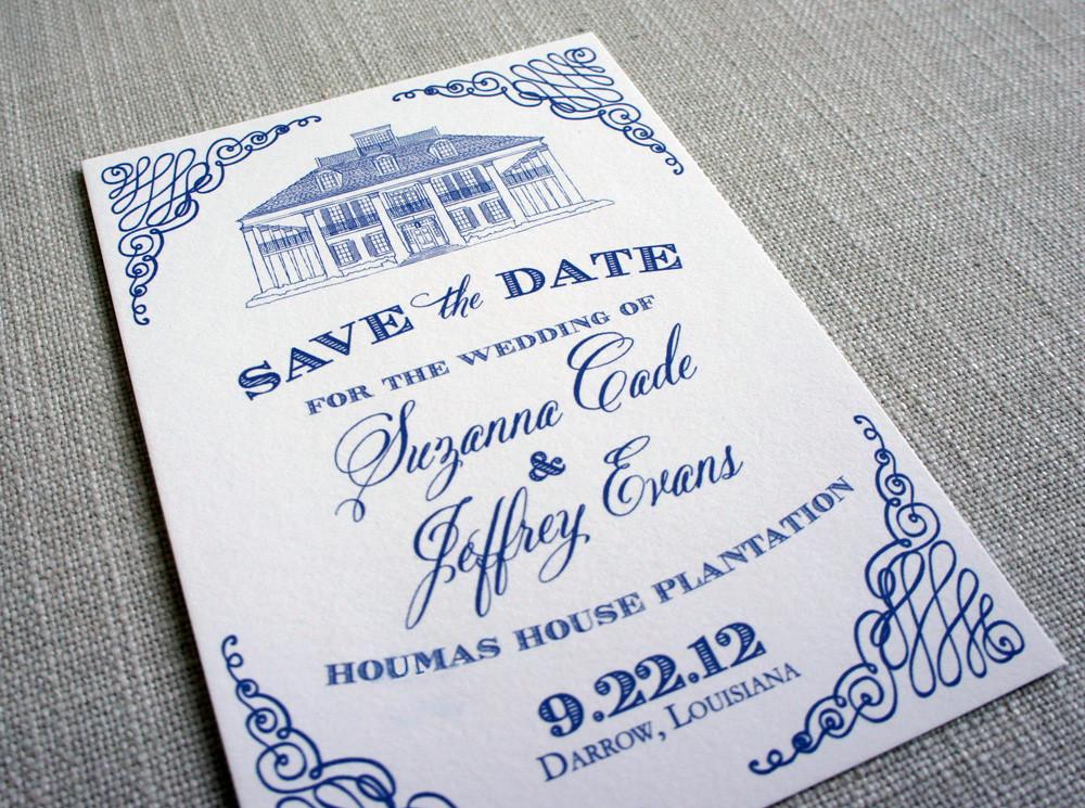 Houmas House Plantation Save the Date in blue with scrollwork corners
