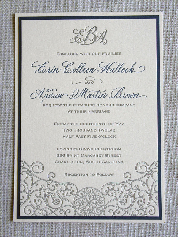 Letterpress Wedding Invitation featuring iron gate scrollwork detail 