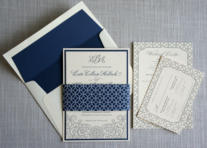 Letterpress Iron Gate Scrollwork Wedding Invitation with geometric pattern details on the inserts.