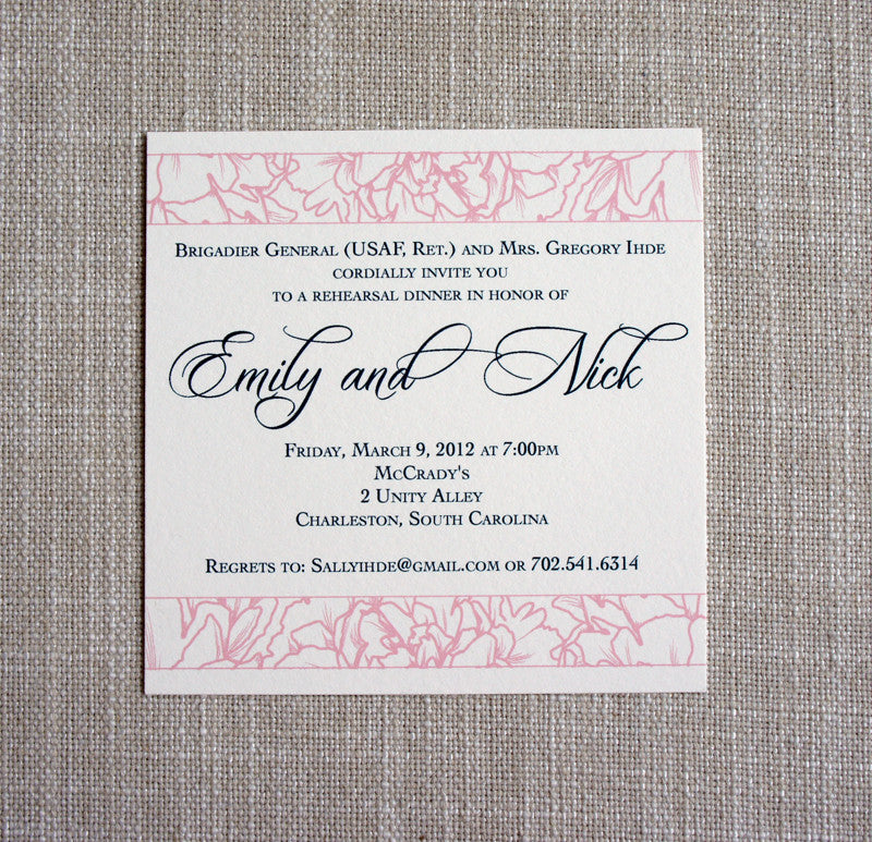 Peony Rehearsal Dinner Invitation with blush pink peonies and navy text