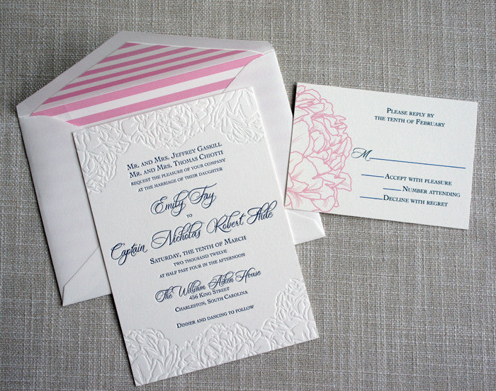 Peony Wedding Invitation with navy and link ink letterpress. Peony details and pink stripe envelope liner.