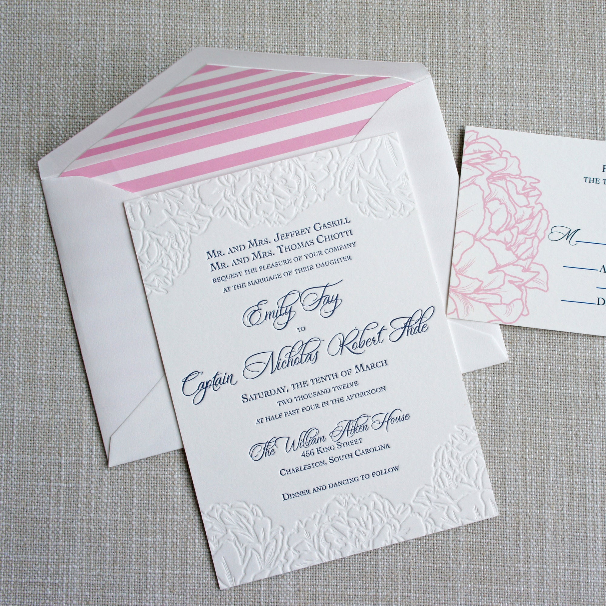 Peony Wedding Invitation with navy and link ink letterpress. Peony details and pink stripe envelope liner.