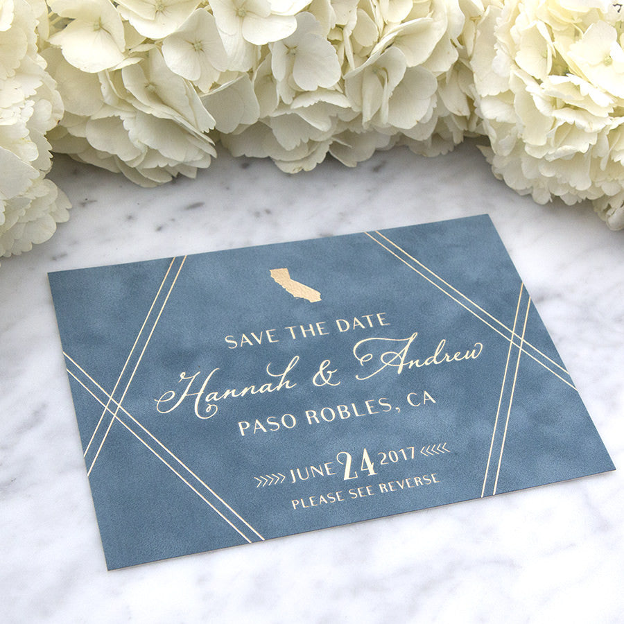 Blue Suede with Foil Printing Save the Date by Scotti Cline Designs