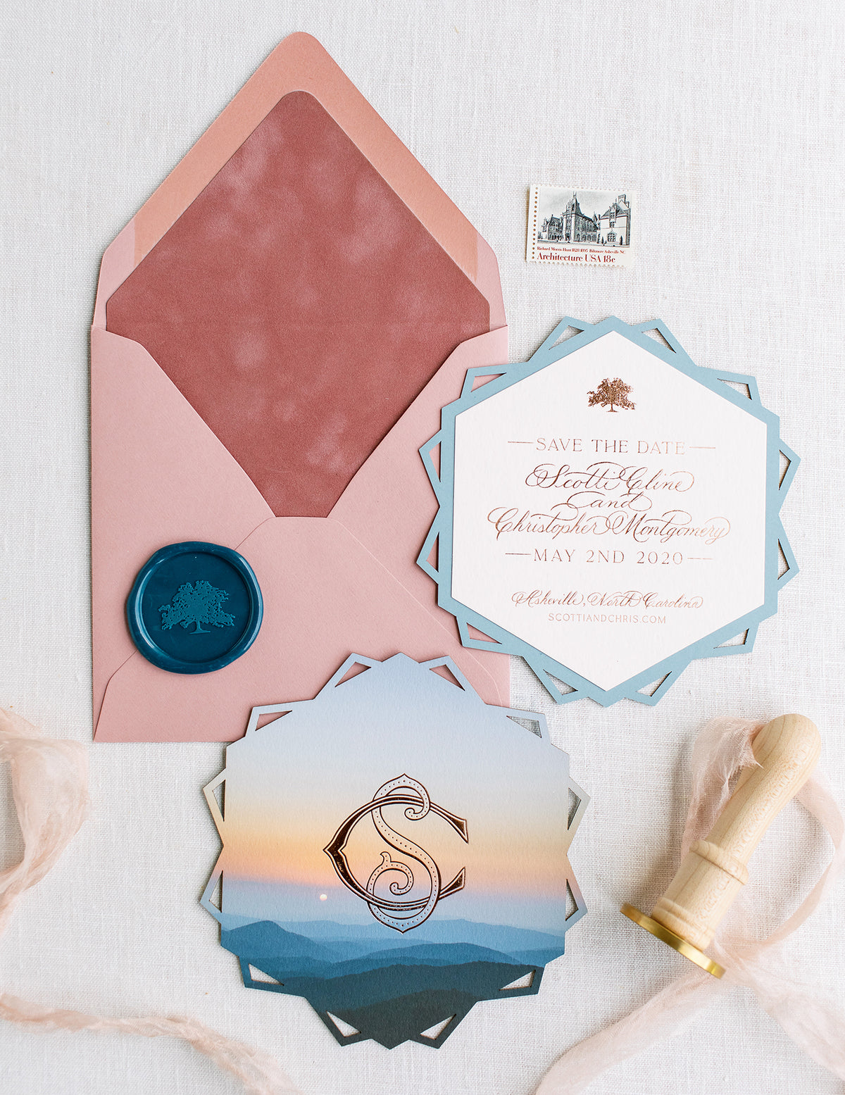 Laser Cut Rose Gold Foil Save the Date