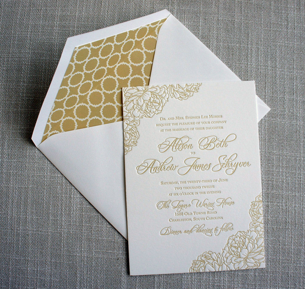 Pattern and Peonies Letterpress Invitation with geometric pattern liner