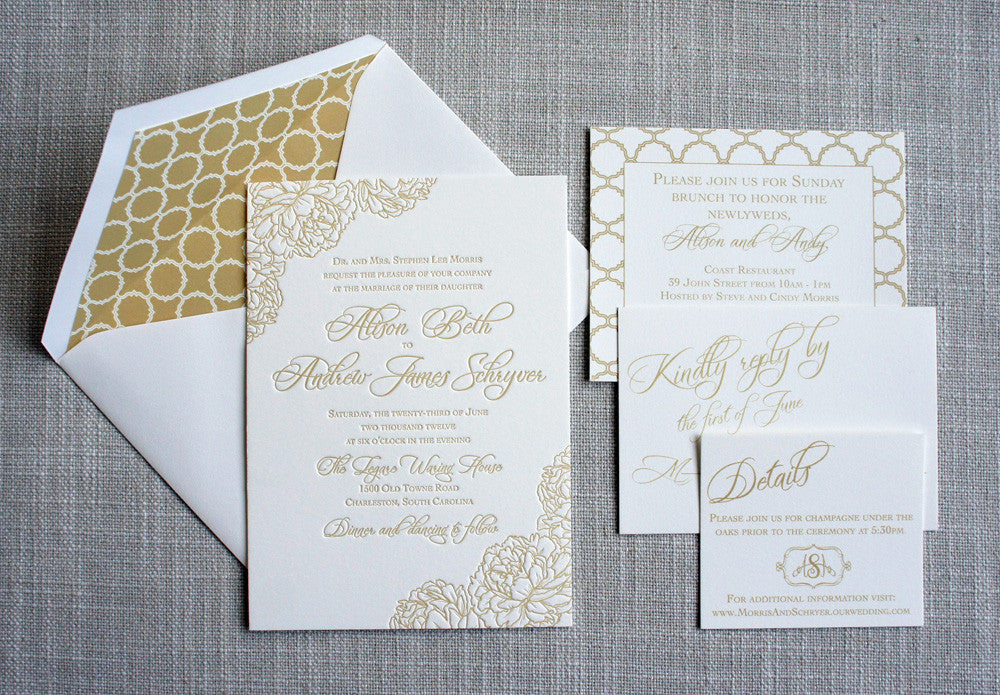Letterpress Wedding Invitation featuring peony details in taupe