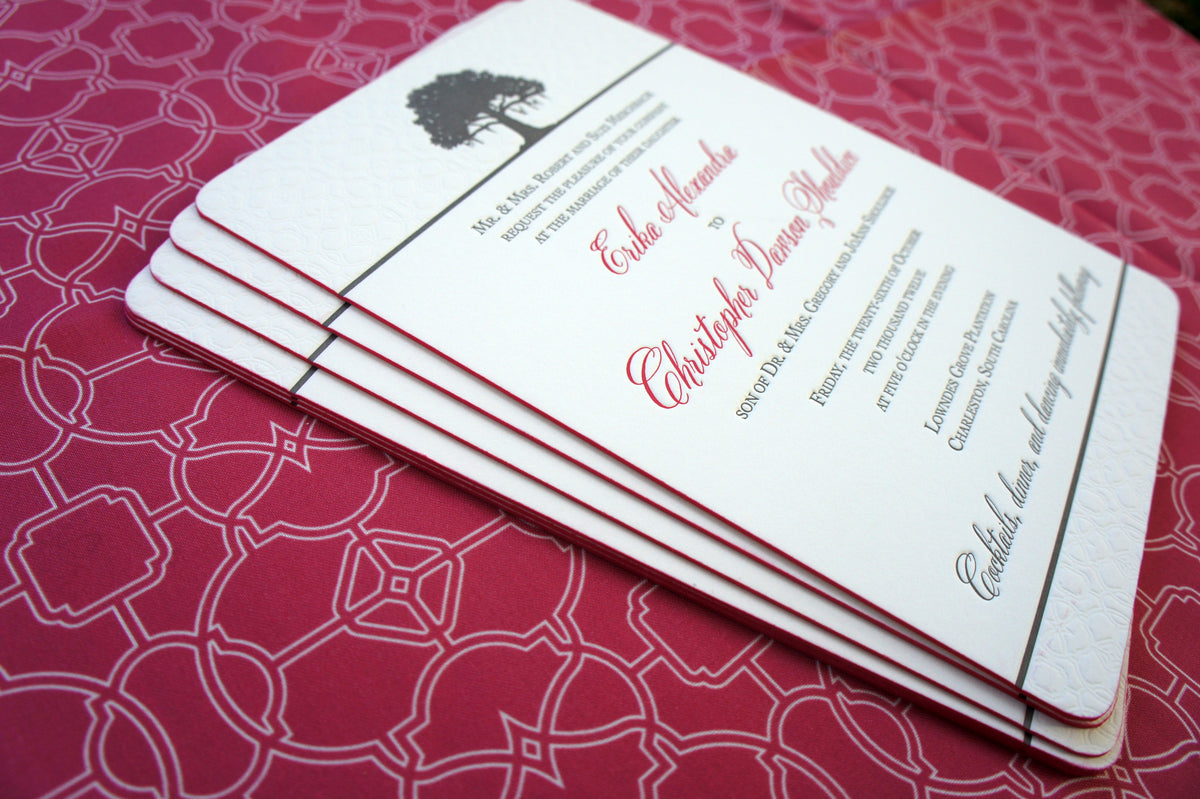 Trellis and Oak Tree Invitation with raspberry edge painting and coordinating custom printed fabric.