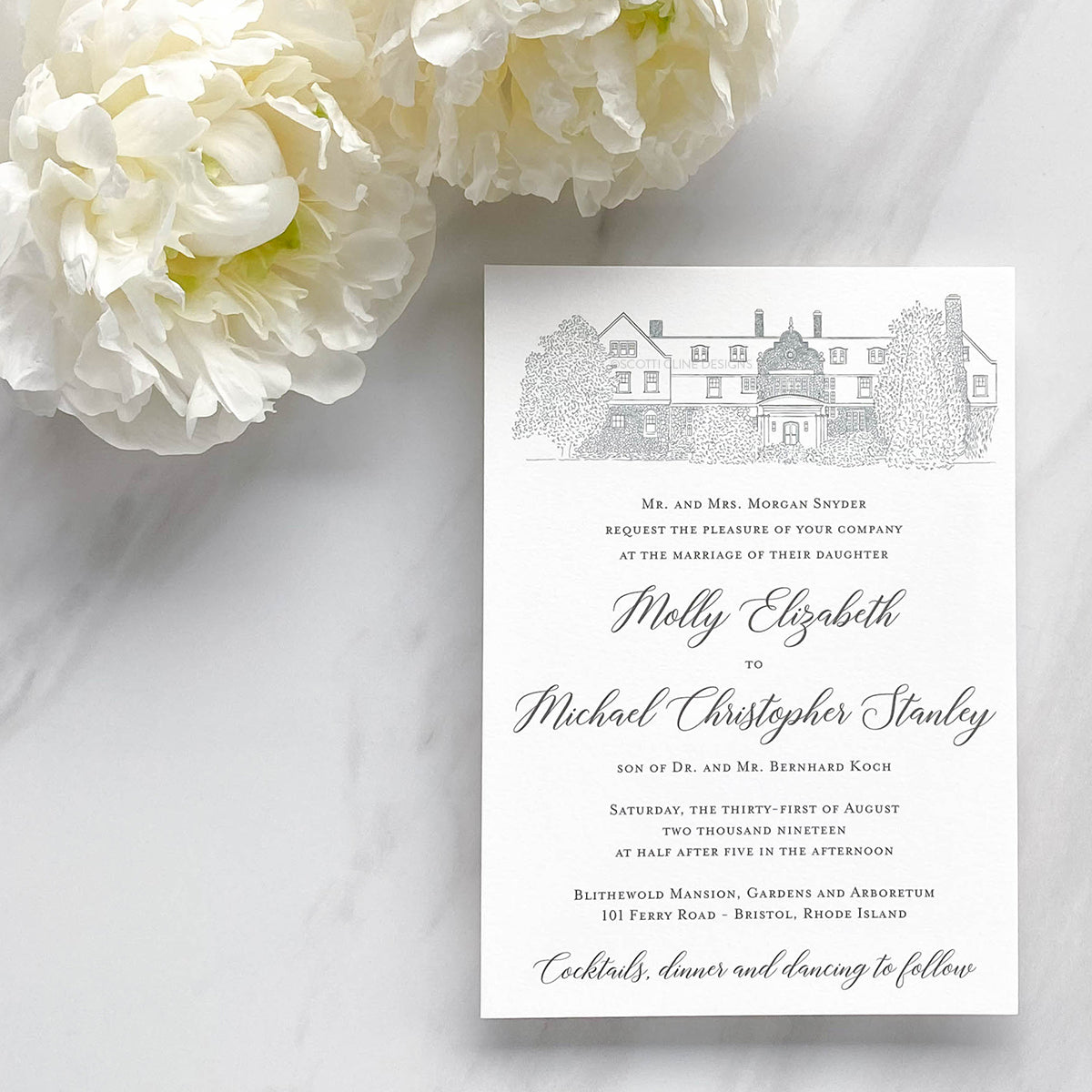 Blithewold Mansion Wedding Invitation by Scotti Cline Designs