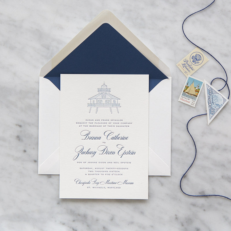 Chesapeake Bay Maritime Museum&#39;s Hooper Straight Lighthouse Letterpress Wedding Invitation by Scotti Cline Designs