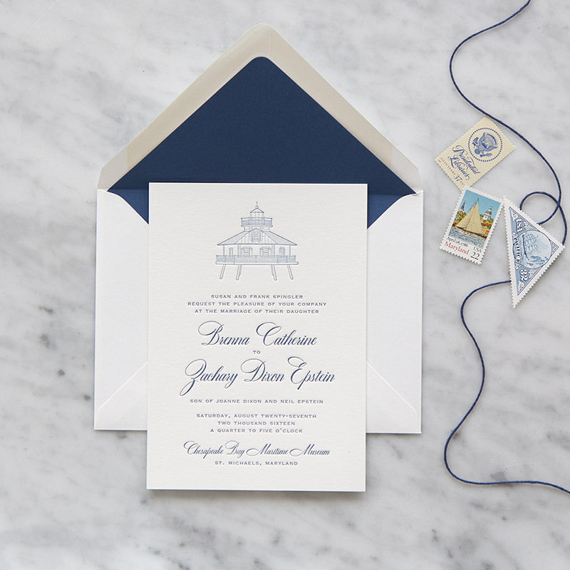Chesapeake Bay Maritime Museum's Hooper Straight Lighthouse Letterpress Wedding Invitation by Scotti Cline Designs
