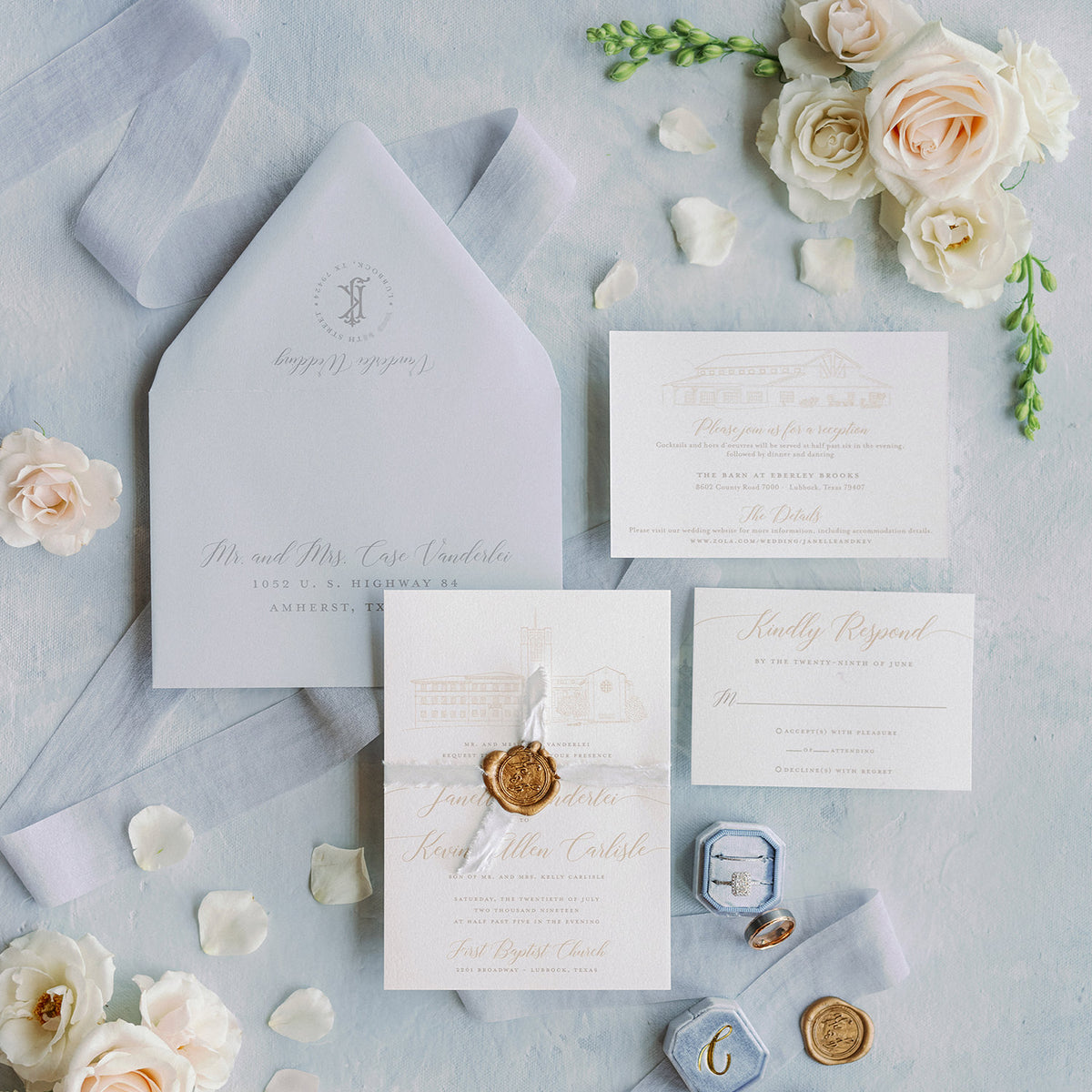Venue Sketch Wedding Invitation of Eberley Brooks in Lubbock, Texas by Scotti Cline Designs. Photo by May Carlson Photography. 
