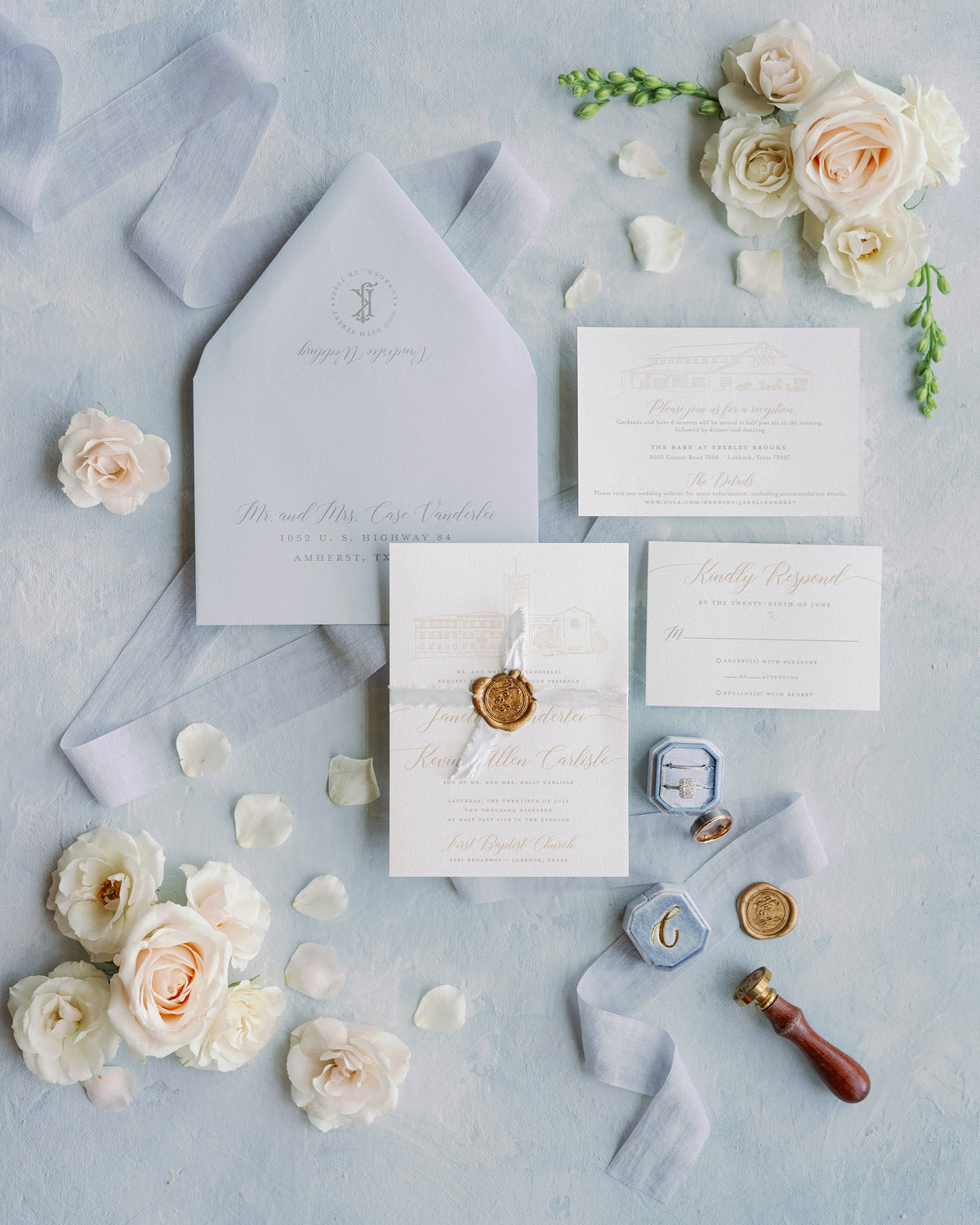 Venue Sketch Wedding Invitation of Eberley Brooks in Lubbock, Texas by Scotti Cline Designs. Photo by May Carlson Photography. 