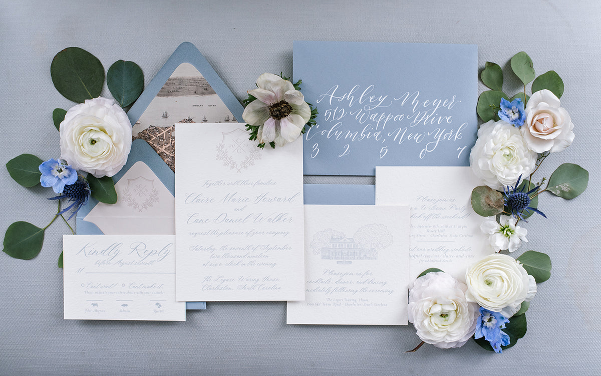 Dusty Blue Monogram Wedding Invitation by Scotti Cline Designs | Photo by Hayley Foster Photography
