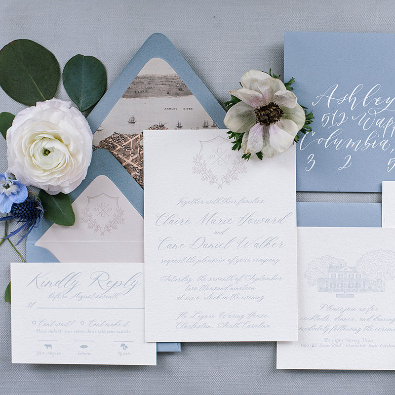 Dusty Blue Monogram Wedding Invitation by Scotti Cline Designs | Photo by Hayley Foster Photography