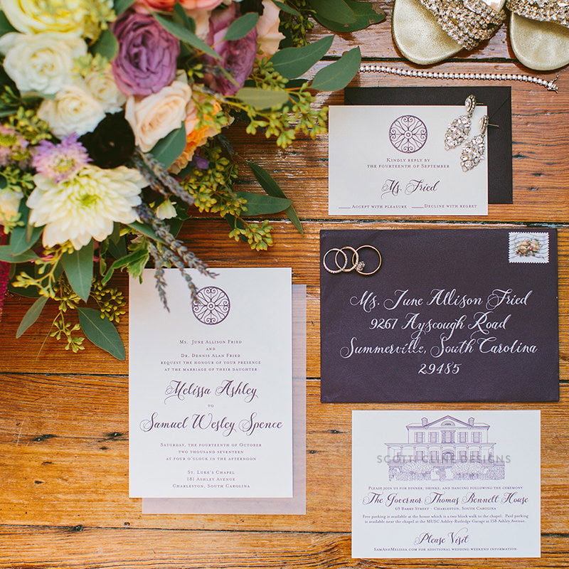 Governor Thomas Bennett House Wedding Invitation by Scotti Cline Designs  | Picture by Taylor Rae Photography