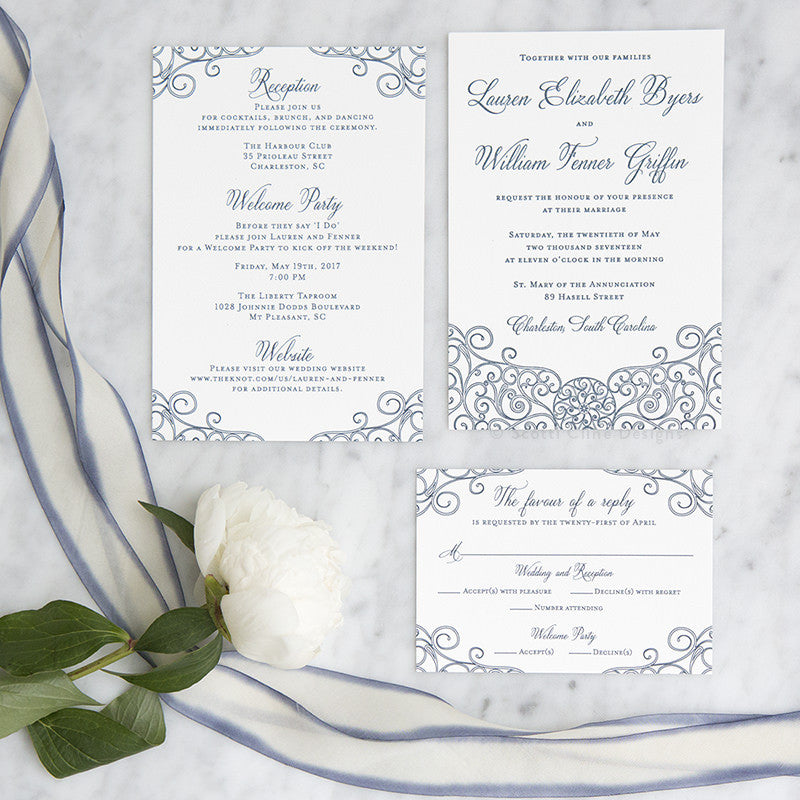 Navy Letterpress Iron Gate Scrollwork Invitation by Scott Cline Designs