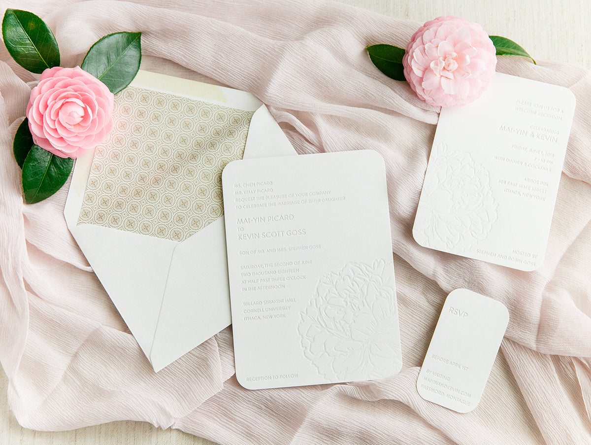 Modern Letterpress Peony Invitation by Scotti Cline Designs | Photo by Dana Cubbage Photography