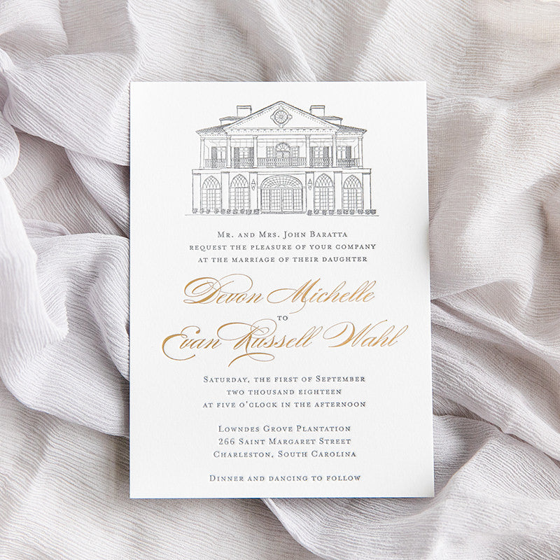 Letterpress Lowndes Grove Invitation by Scotti Cline Designs | Photo by Dana Cubbage Weddings