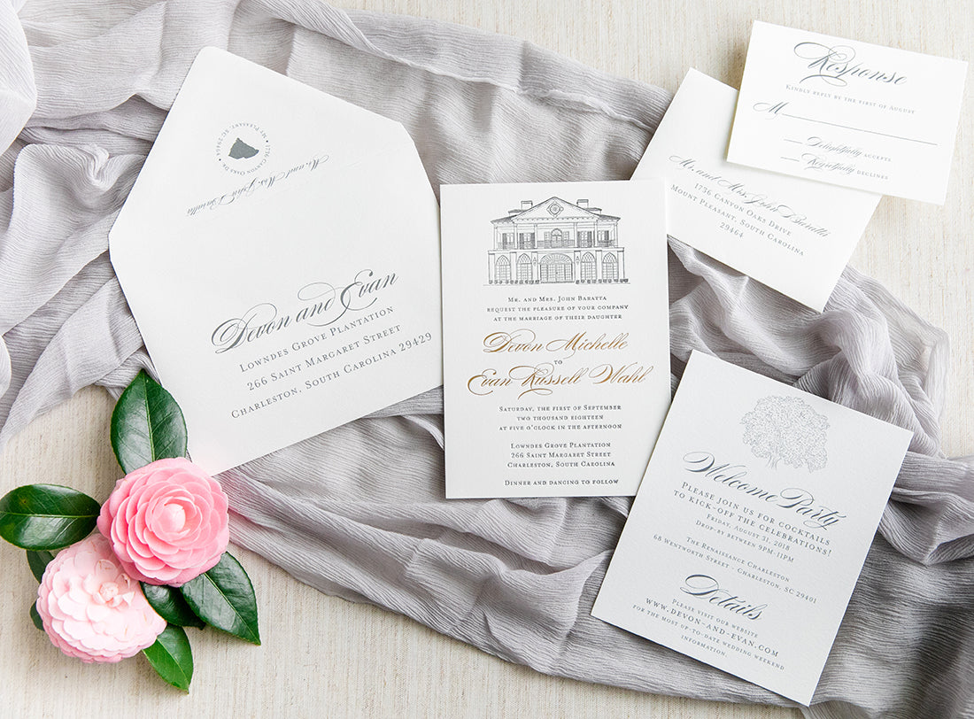 Letterpress Lowndes Grove Invitation by Scotti Cline Designs | Photo by Dana Cubbage Weddings