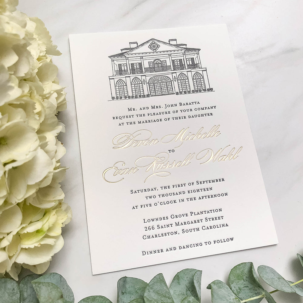 Letterpress Lowndes Grove Wedding Invitation by Scotti Cline Designs