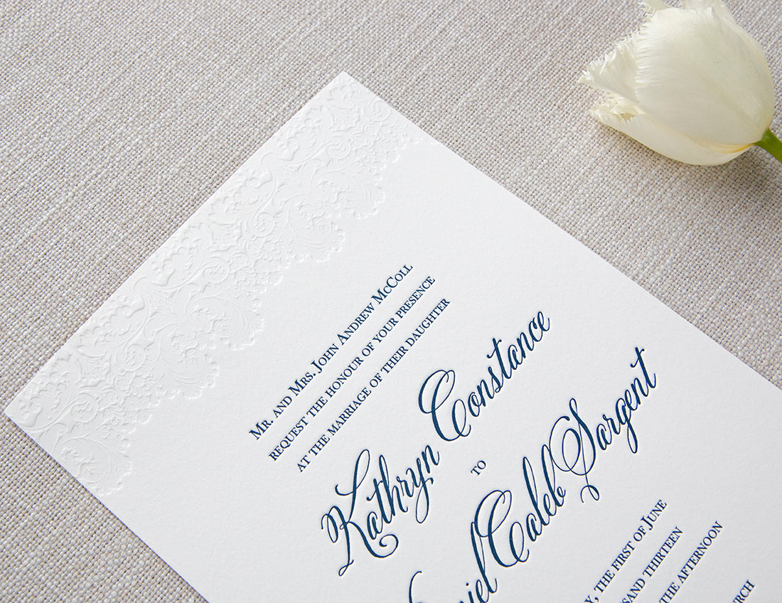 Letterpress Wedding Invitation with a lovely damask pattern to tie it all together.