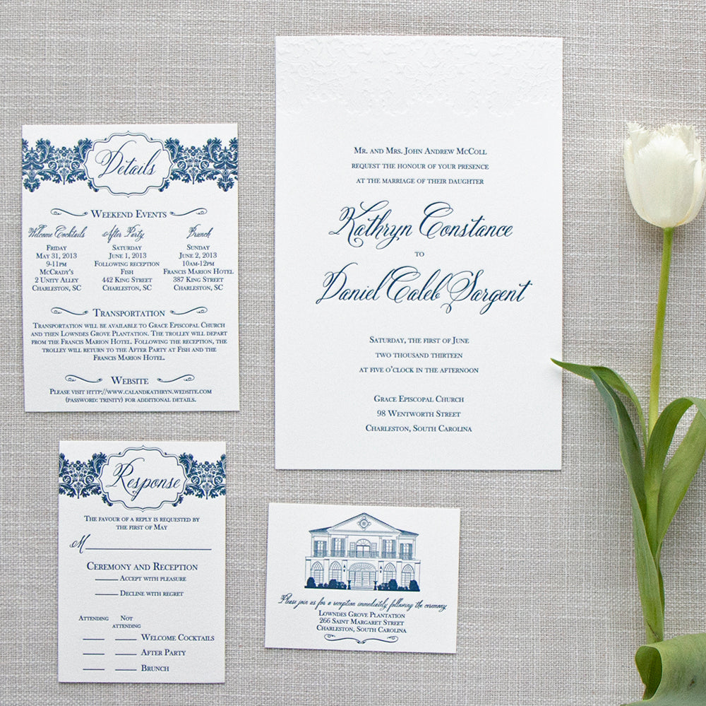 Letterpress Wedding Invitation with a lovely damask pattern to tie it all together.