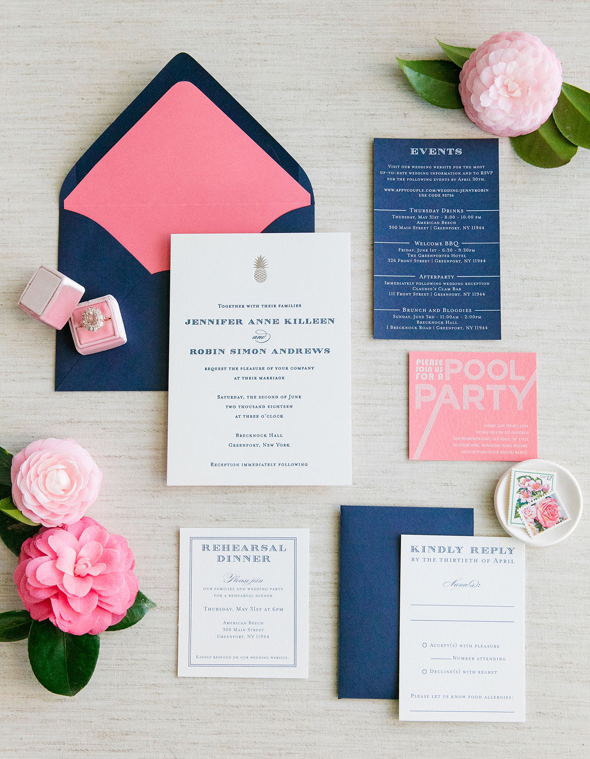 Pineapple and Navy Letterpress Wedding Invitation by Scotti Cline Designs | Photo by Dana Cubbage Weddings