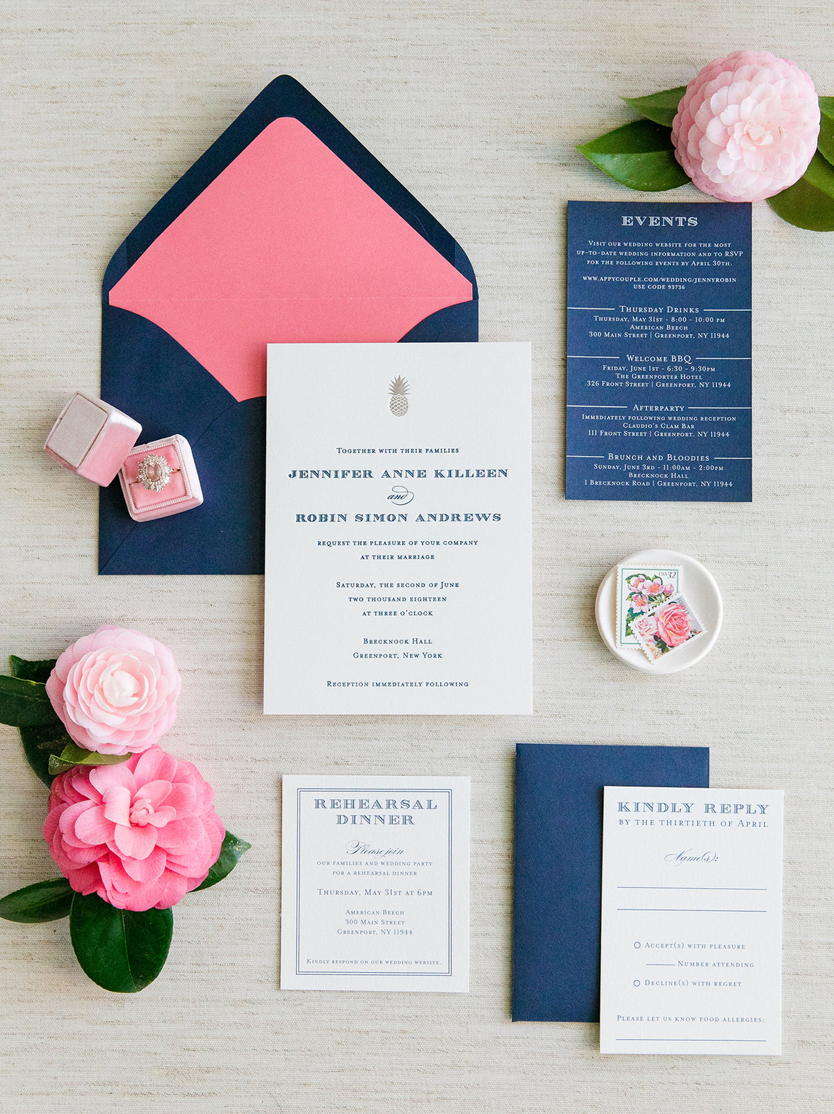 Pineapple and Navy Letterpress Wedding Invitation by Scotti Cline Designs | Photo by Dana Cubbage Weddings