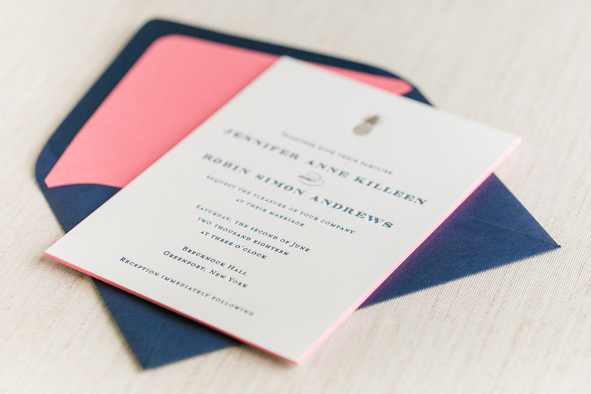 Pineapple and Navy Letterpress Wedding Invitation by Scotti Cline Designs | Photo by Dana Cubbage Weddings