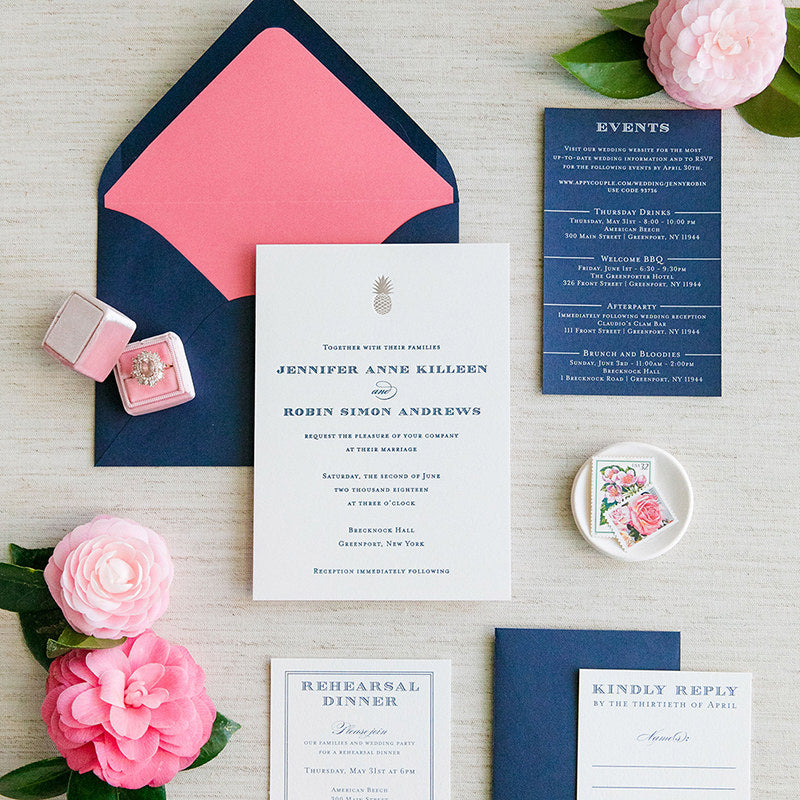 Pineapple and Navy Letterpress Wedding Invitation by Scotti Cline Designs | Photo by Dana Cubbage Weddings