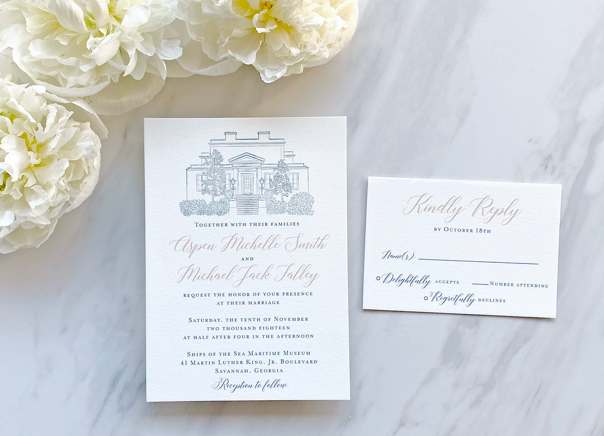 Ships of the Sea Venue Sketch Wedding Invitation in Savannah, Georgia by Scotti Cline Designs