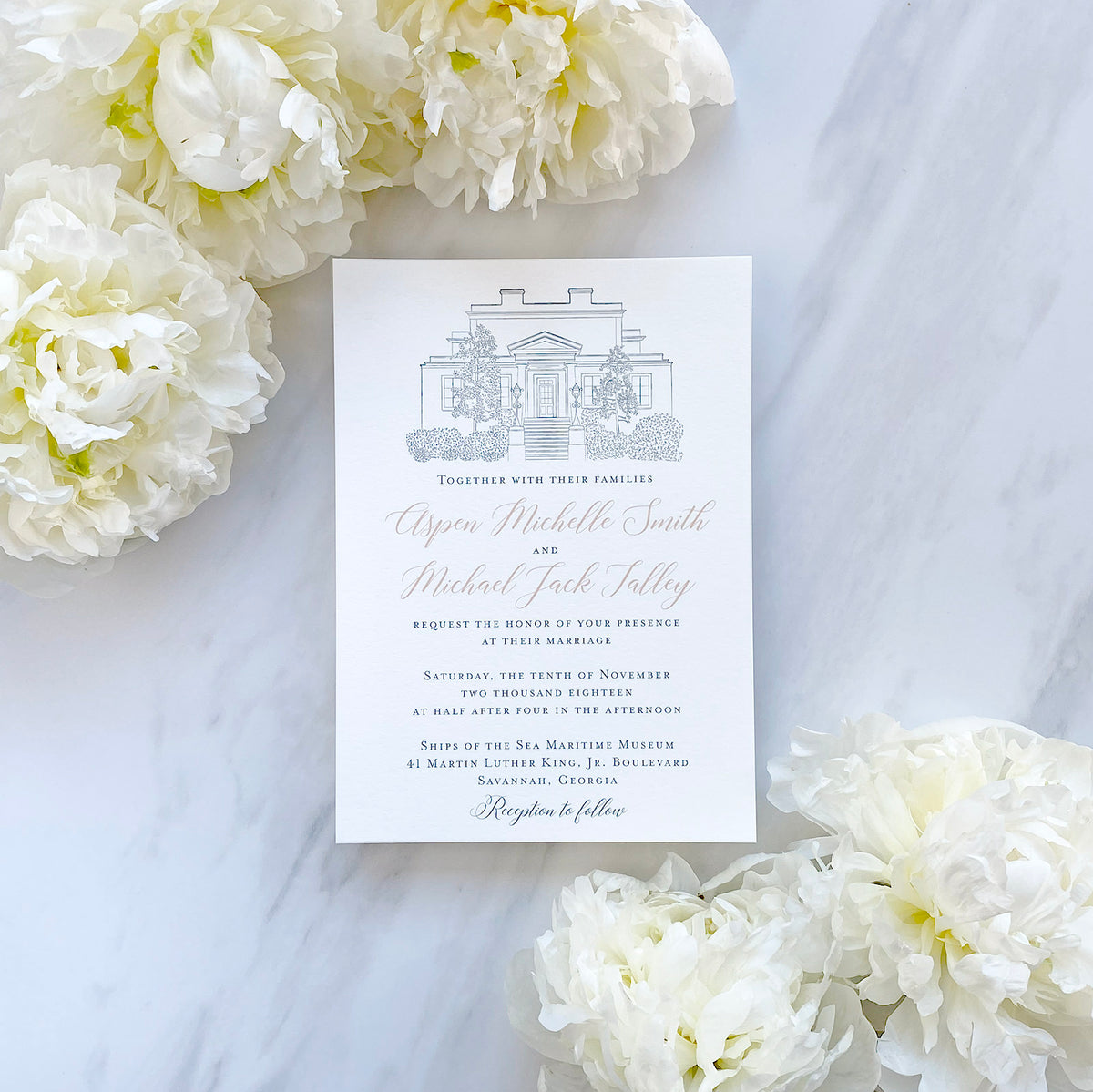 Ships of the Sea Venue Sketch Wedding Invitation in Savannah, Georgia by Scotti Cline Designs