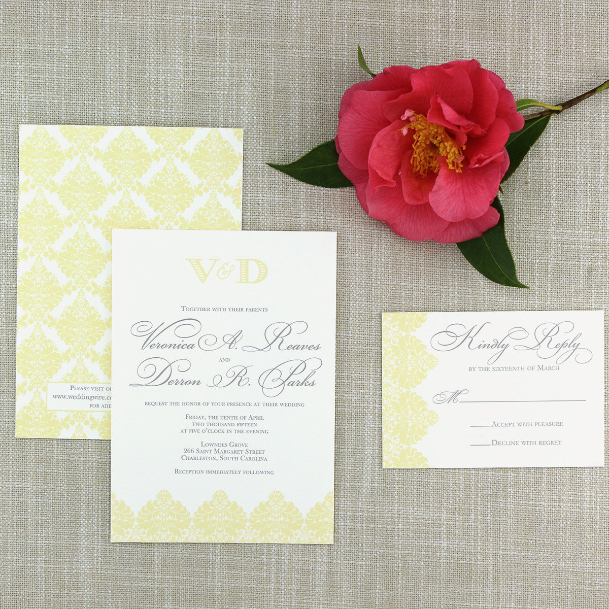 Pastel Yellow Damask Wedding Invitation by Scotti Cline Designs