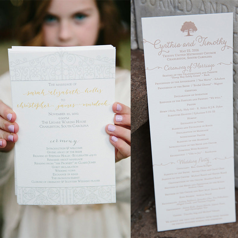 Half sheet wedding program - left picture by Paige Winn Photography, right picture by Jennifer Bearden Photography